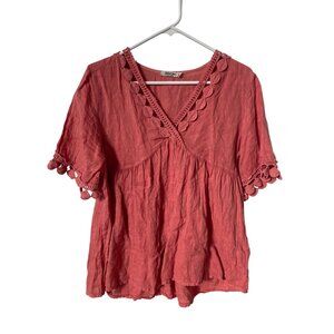 Spaziochic Babydoll Top Size Medium V Neck Short Sleeve Crochet Lace Trim Coral
